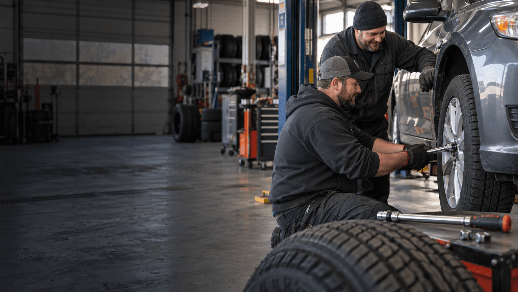 Two mechanics working together on a customer vehicle in a tire shop service bay